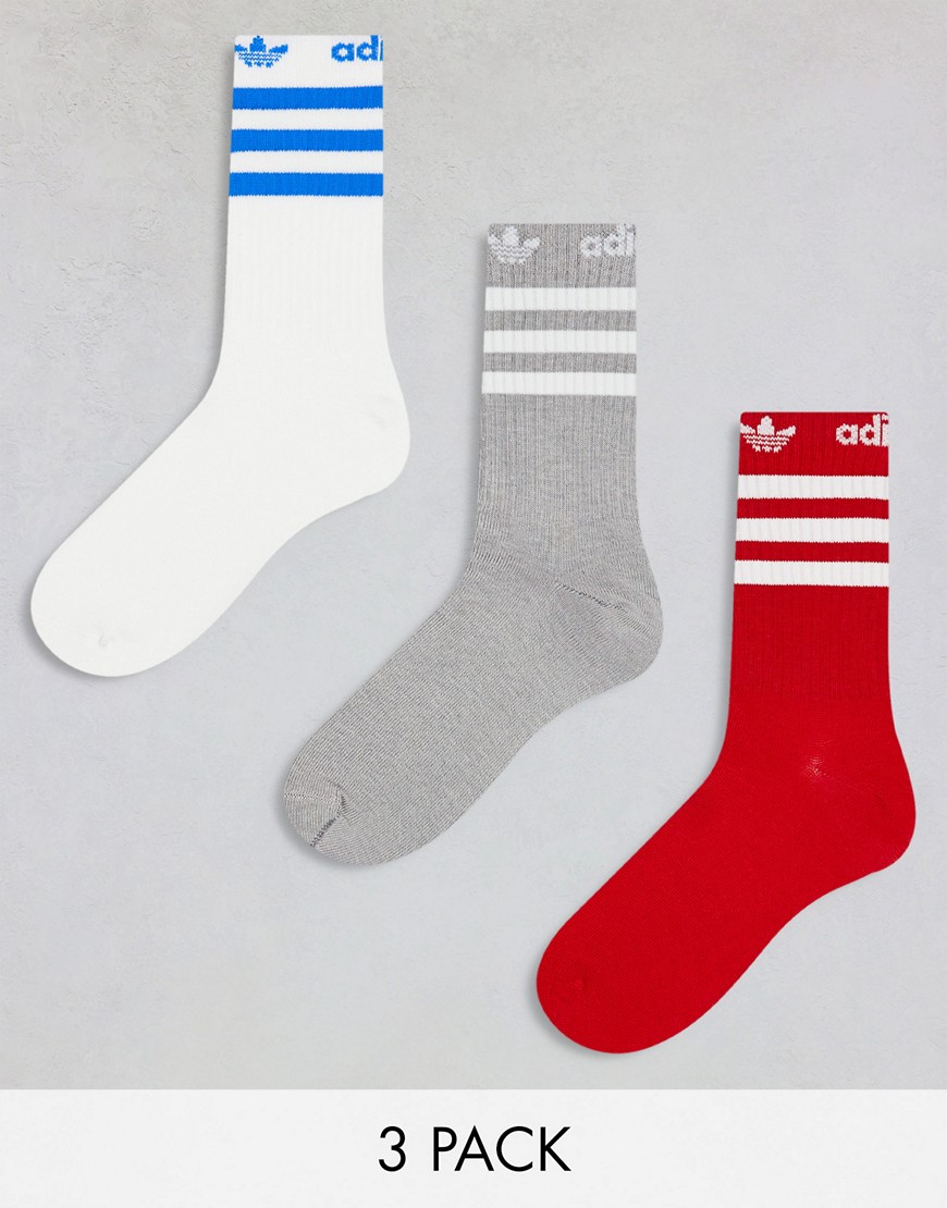 adidas Originals script 3-pack high sock in red, white and grey-Multi