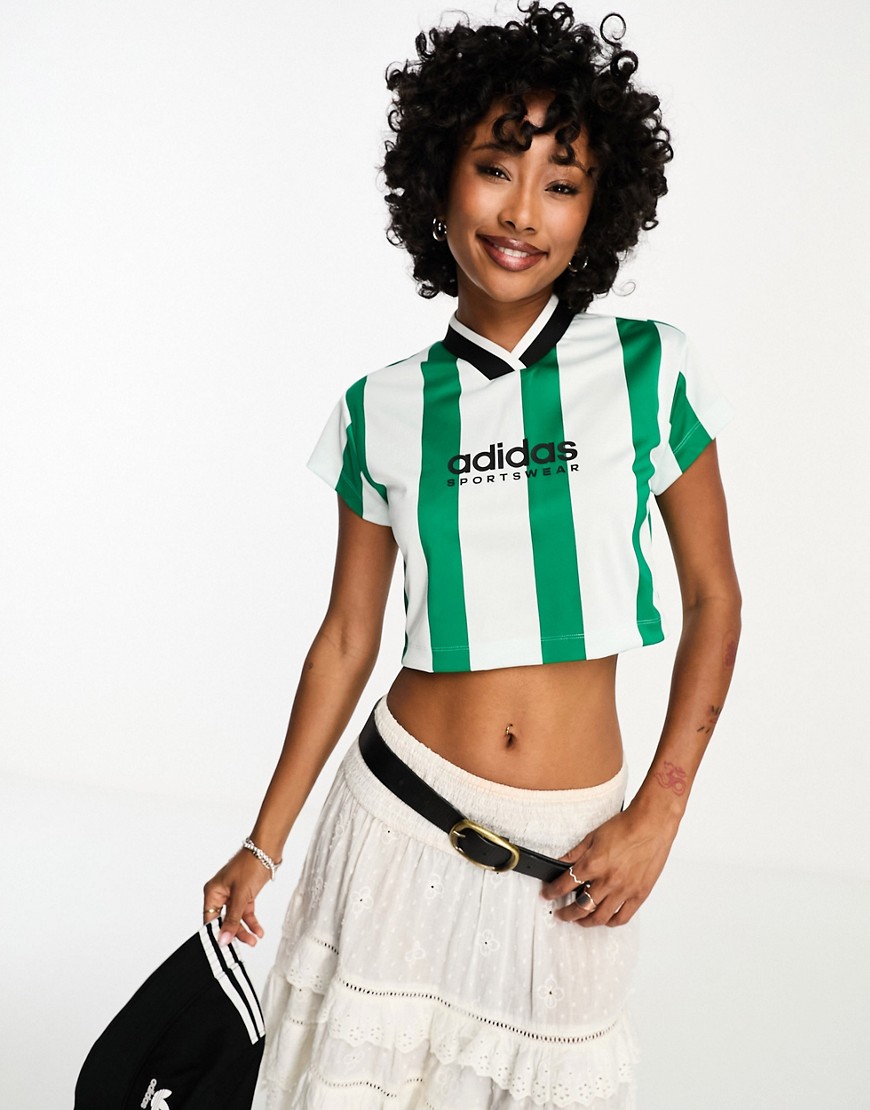 adidas Sportswear Tiro striped cropped t-shirt in green and white