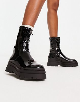 Bigshot chunky patent sock boots in black