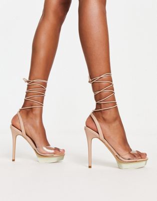 Bossis tie ankle heeled sandals with clear sole in beige