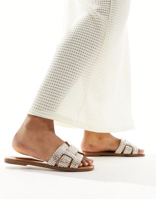 Elanaa padded flat sandals in bone embellished