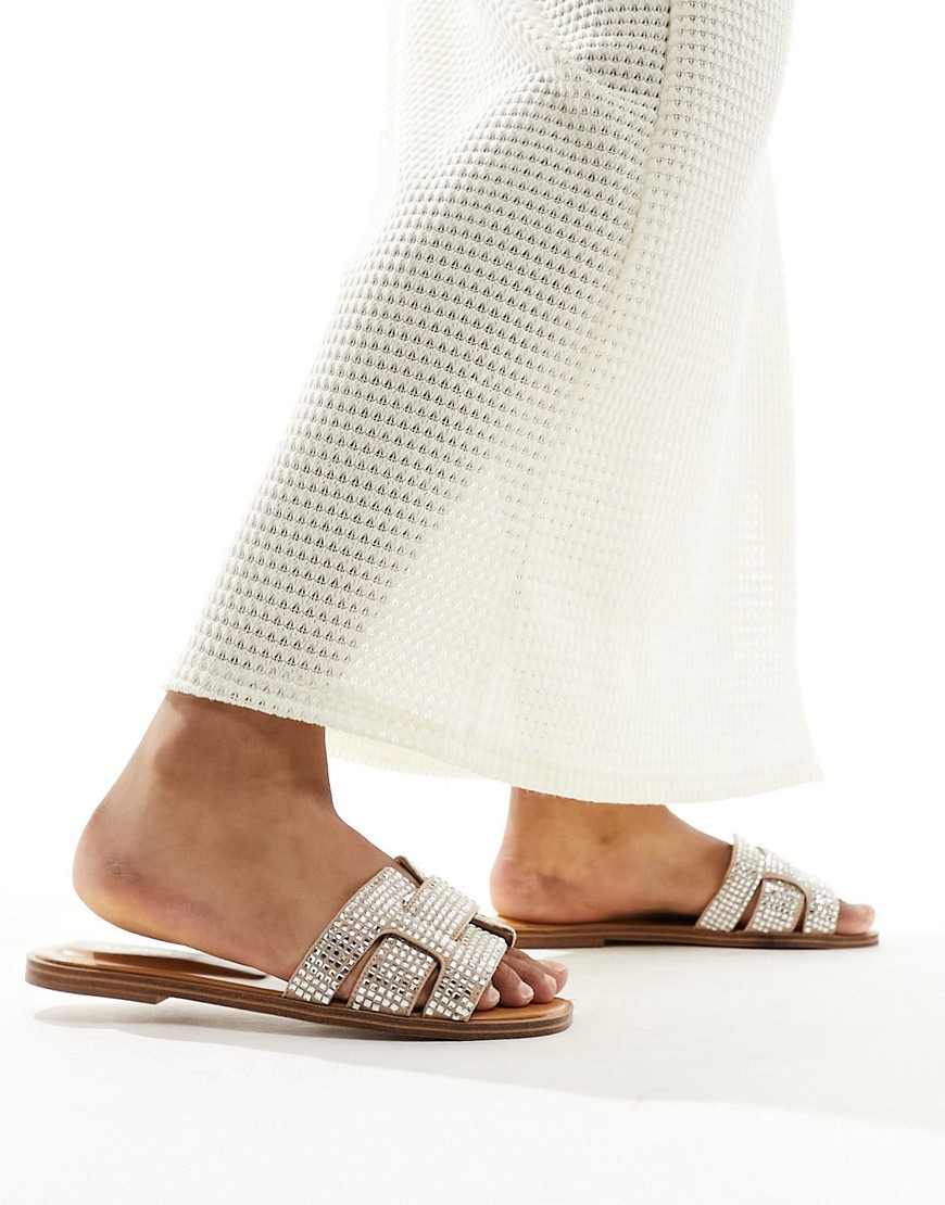 ALDO Elanaa padded flat sandals in bone embellished-Silver