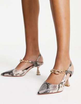 heeled slingback shoes with embellished chain strap in snake