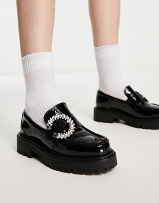 Joesiee chunky loafers with embellished buckle in black patent