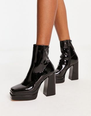 Mabel square toe platform heeled boots in black patent