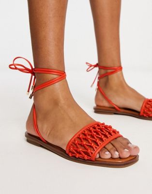 Seazen crotchet lace up sandals in bright orange