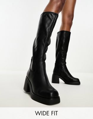 Wide Fit Auster mid heel knee boots in black