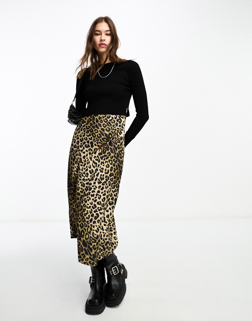 AllSaints Hera 2-in-1 leopard midi slip dress and jumper in black