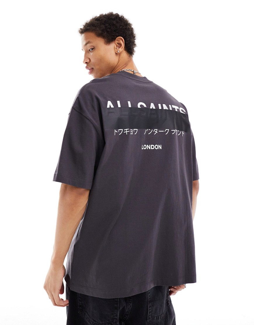 AllSaints Redact oversized embroidered logo t-shirt in washed black