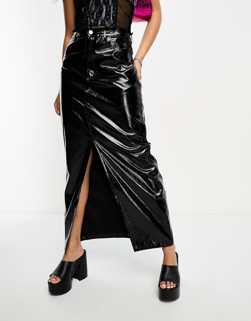 Amy Lynn Lupe maxi skirt with front split in metallic black
