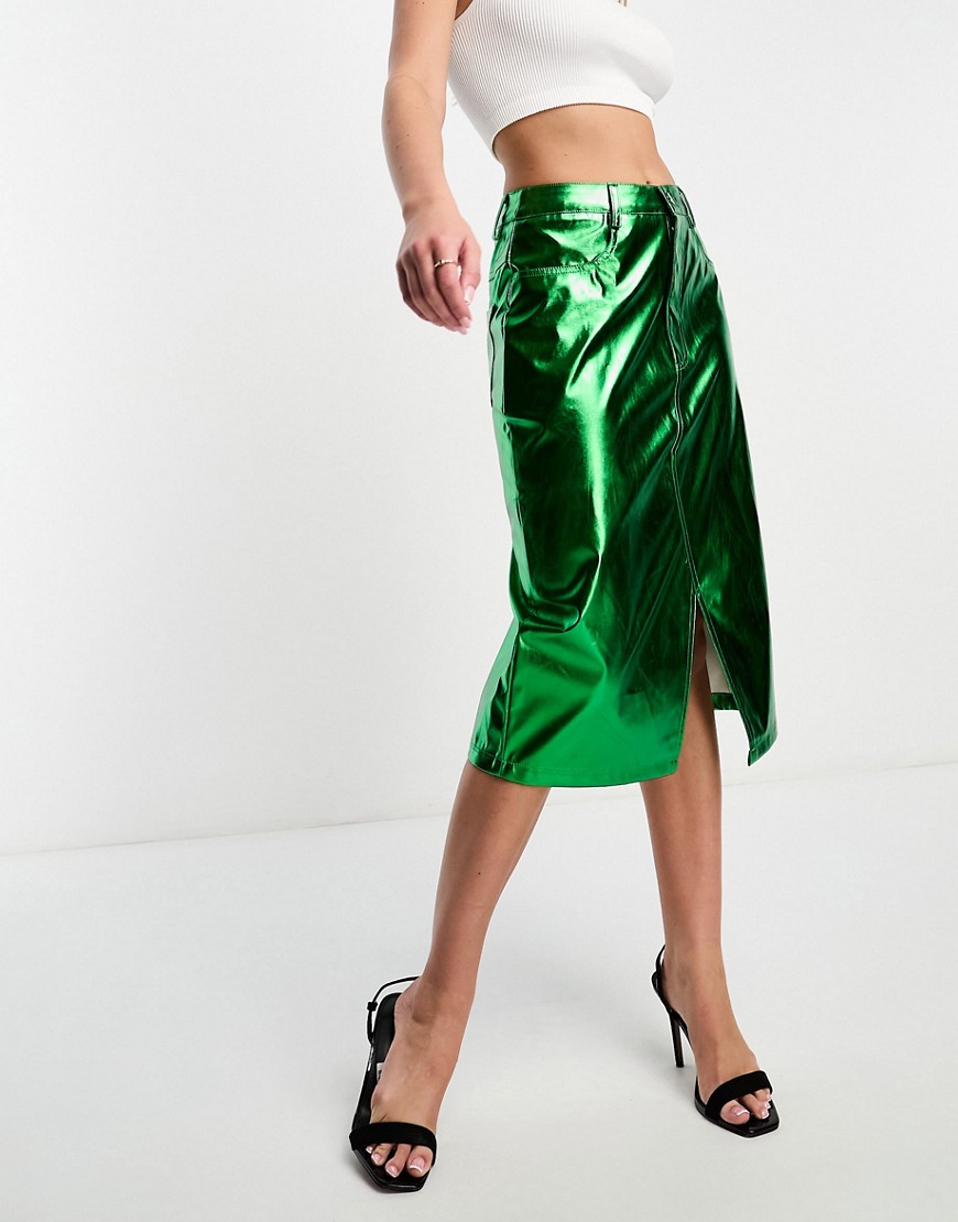 Amy Lynn Lupe midi skirt in metallic scarab green