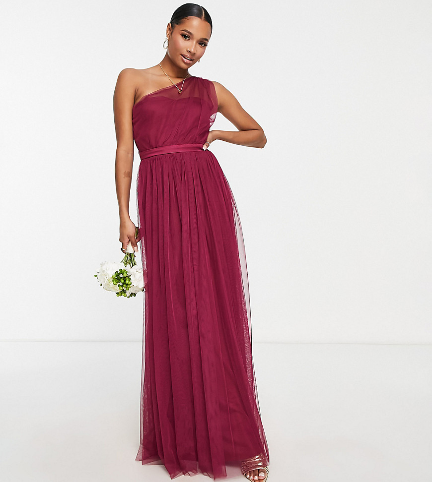 Anaya Petite Bridesmaid tulle one shoulder maxi dress in red plum