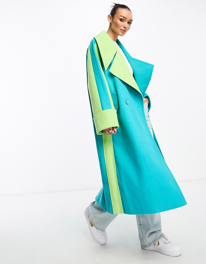 Annorlunda oversized collar contrast panel coat in blue and lime-Multi