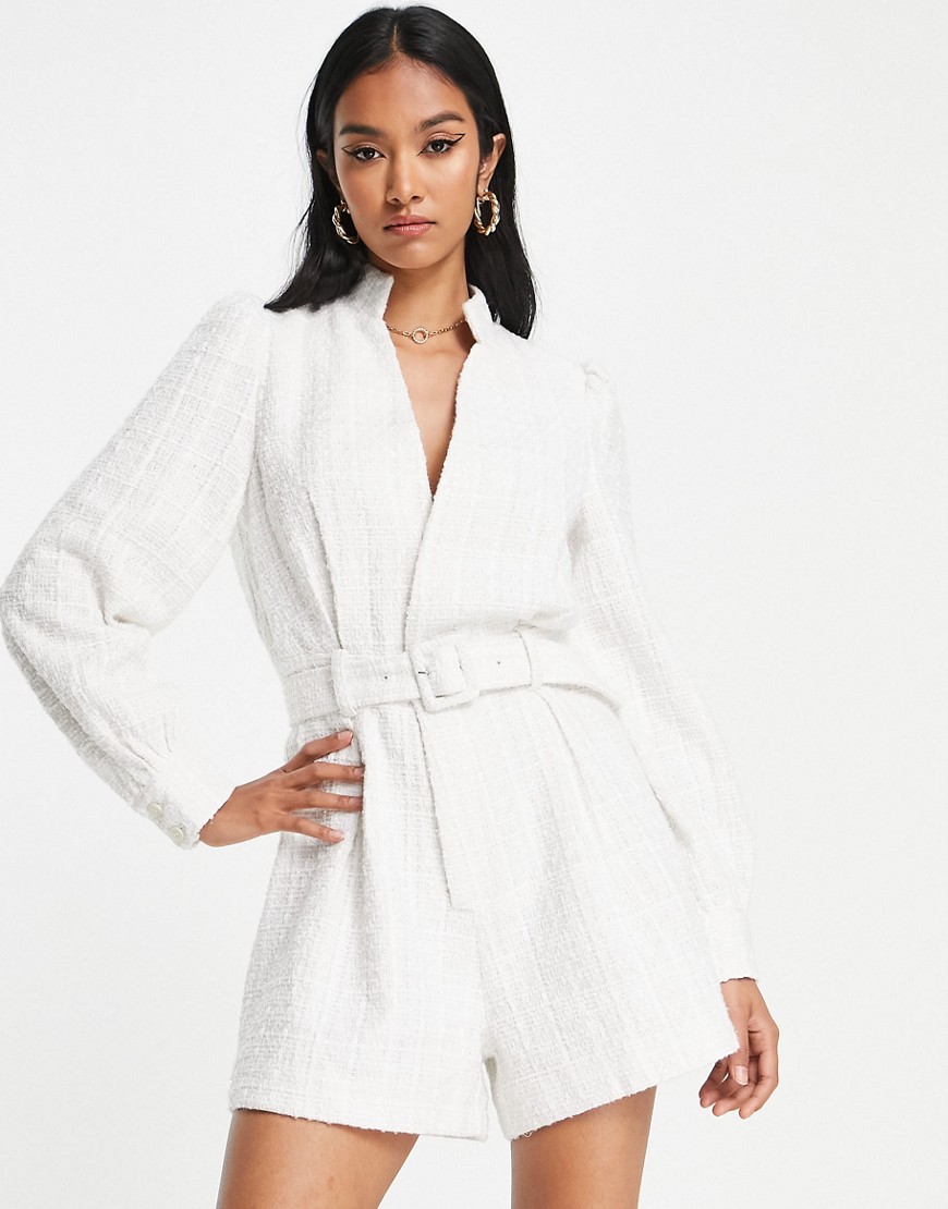 Aria Cove tweed zip through volume sleeve tailored playsuit in ivory-White