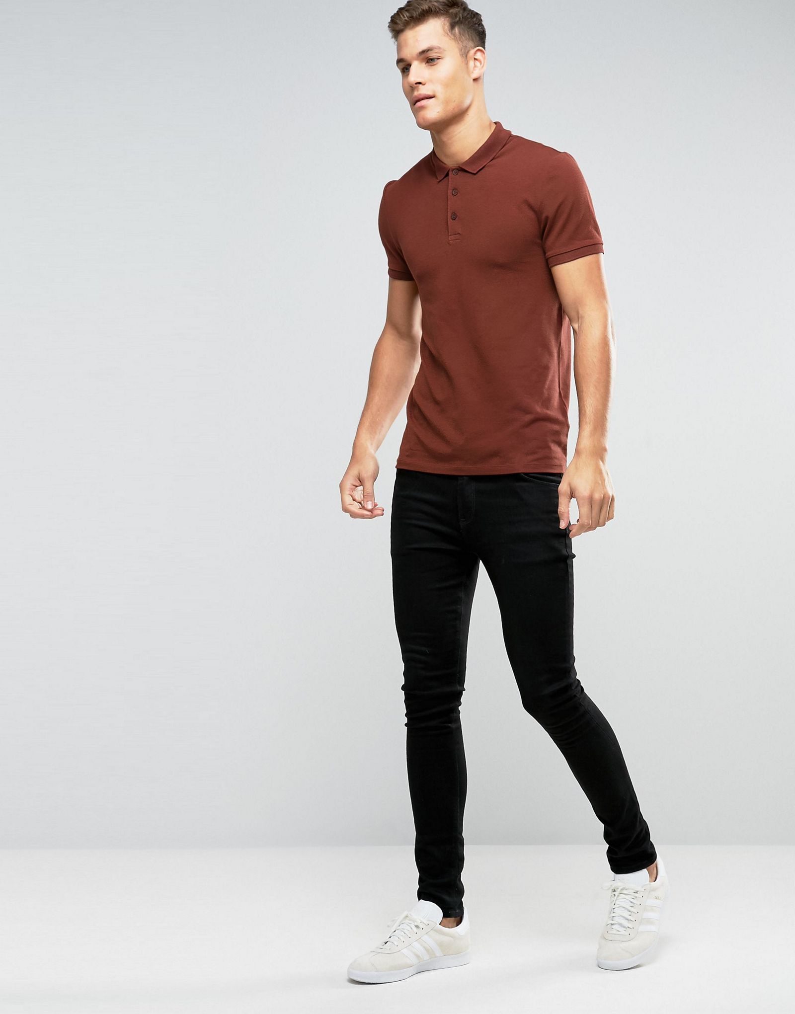 ASOS 3 Pack Muscle Polo Shirt In Chestnut/Black/Blue SAVE