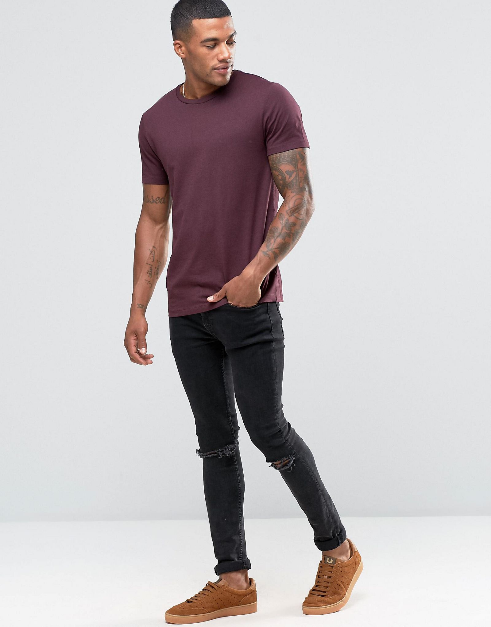 ASOS 3 Pack Muscle T-Shirt With Crew Neck  In White/Oxblood/Charcoal Marl SAVE