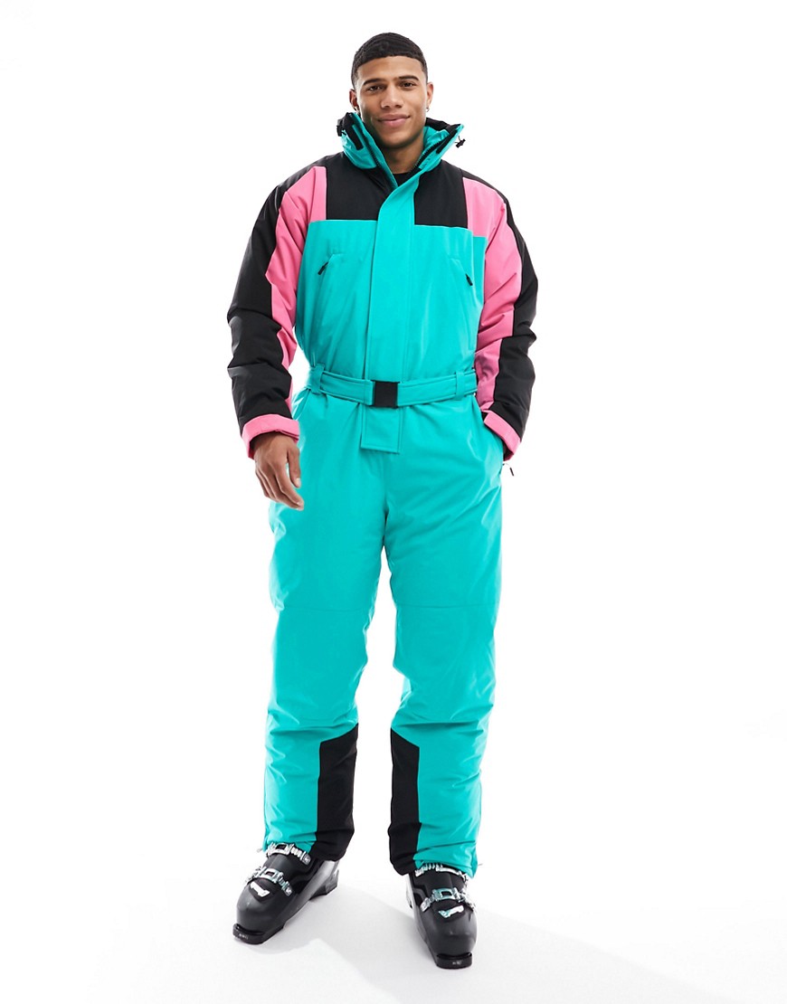 ASOS 4505 Ski water repellent coloublock ski suit in pink and teal-Multi