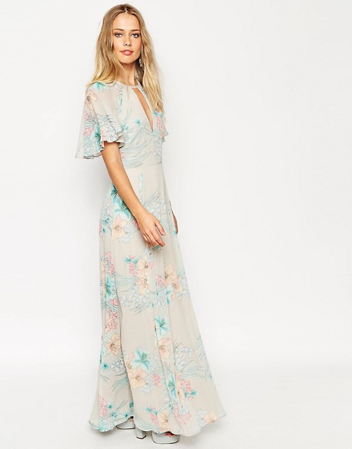 ASOS - ASOS 70&-39-s Faded Floral Flutter Sleeve Maxi Dress