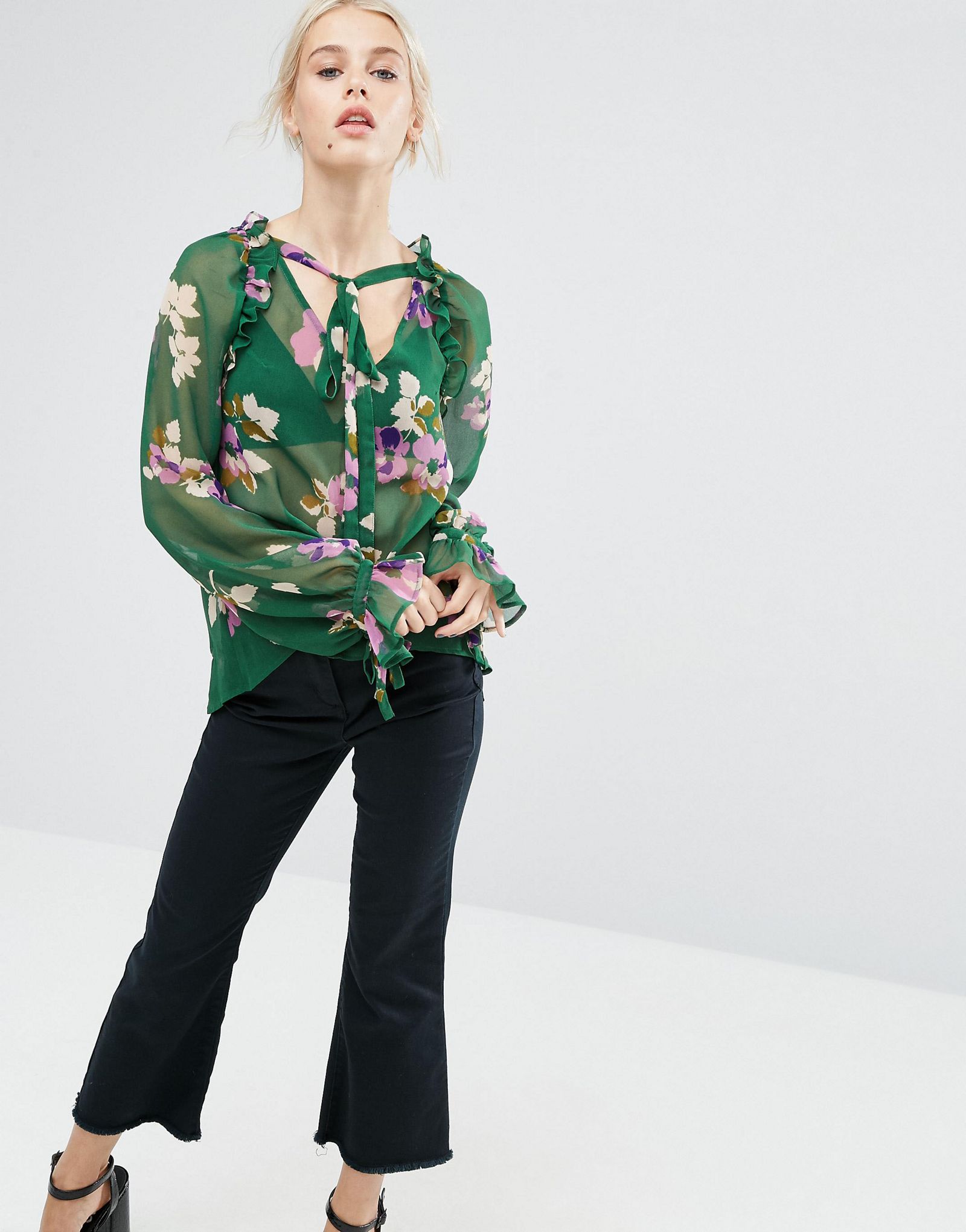 ASOS Blouse in Green Floral with Ruffle Sleeve Detail