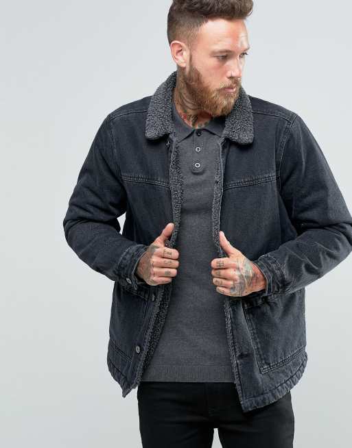 Asos Asos Borg Lined Denim Jacket In Black Wash 