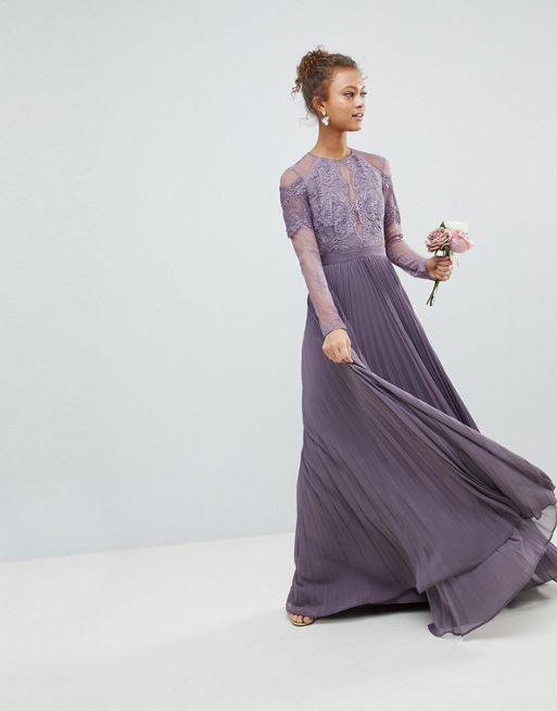 Asos Design Asos Bridesmaid Long Sleeve Lace Pleated Maxi Dress 