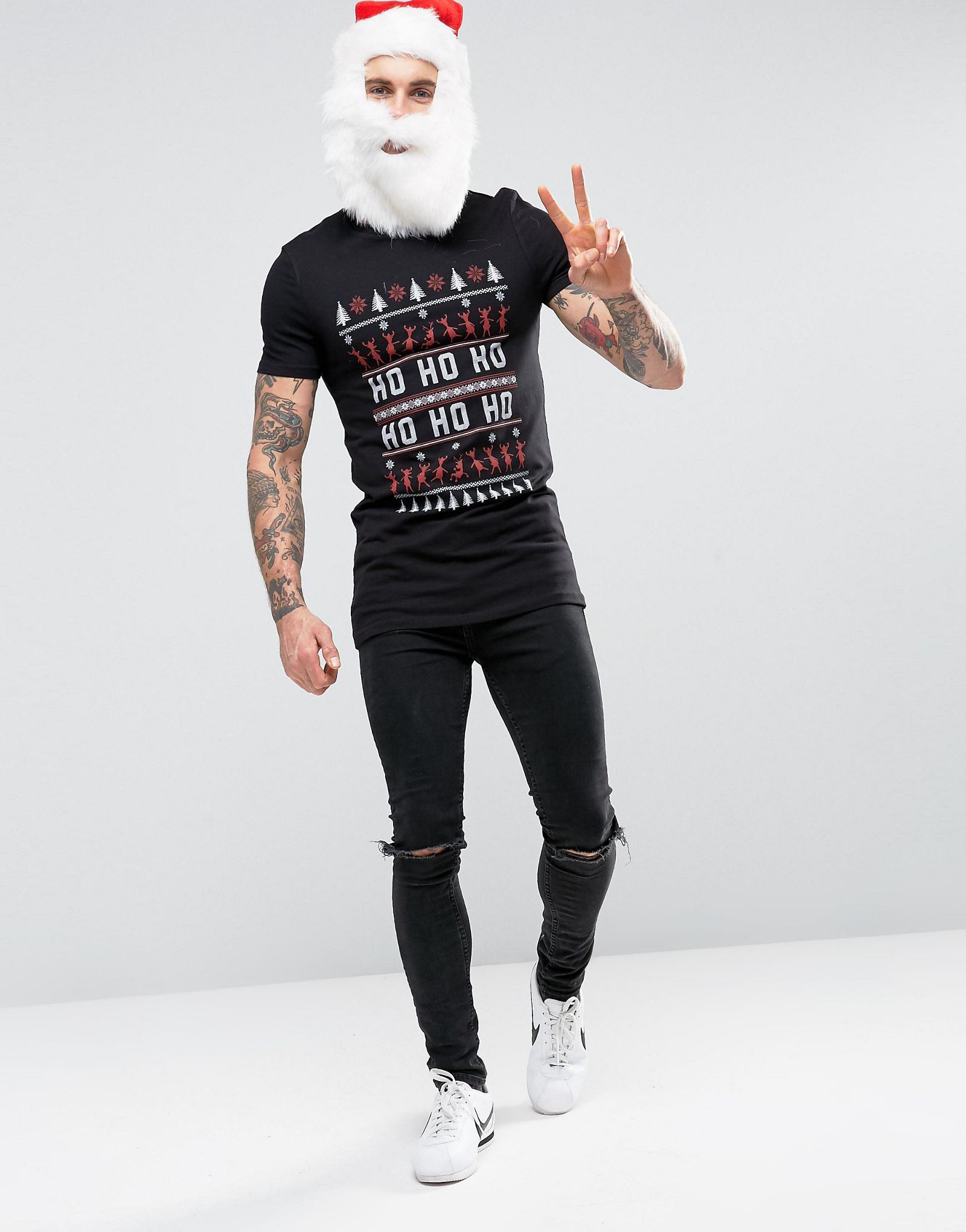 ASOS Christmas Longline Muscle T-Shirt With Dancing Reindeer Fairisle Print