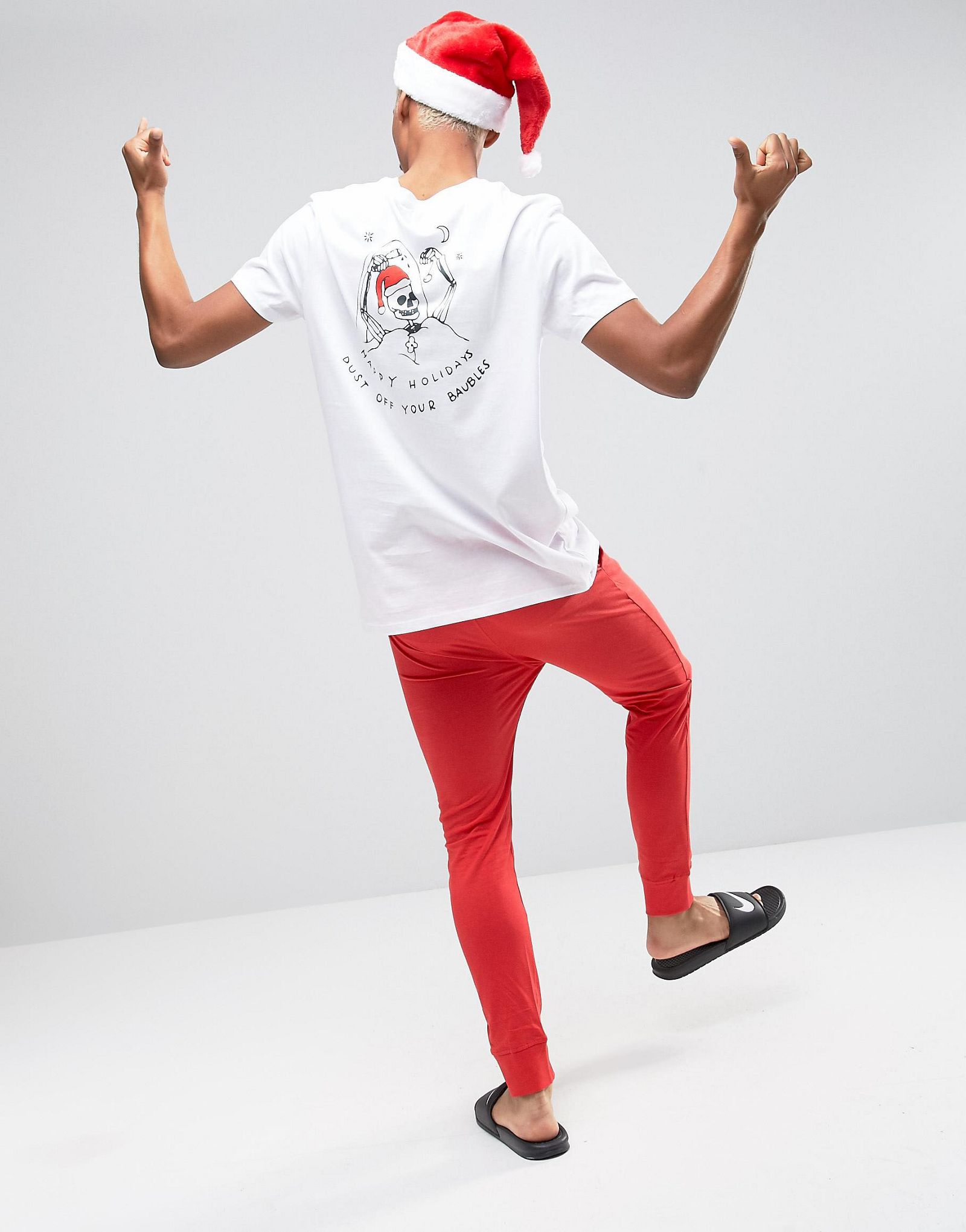 ASOS Christmas Longline T-Shirt With Baubles Skeleton Chest And Back Print