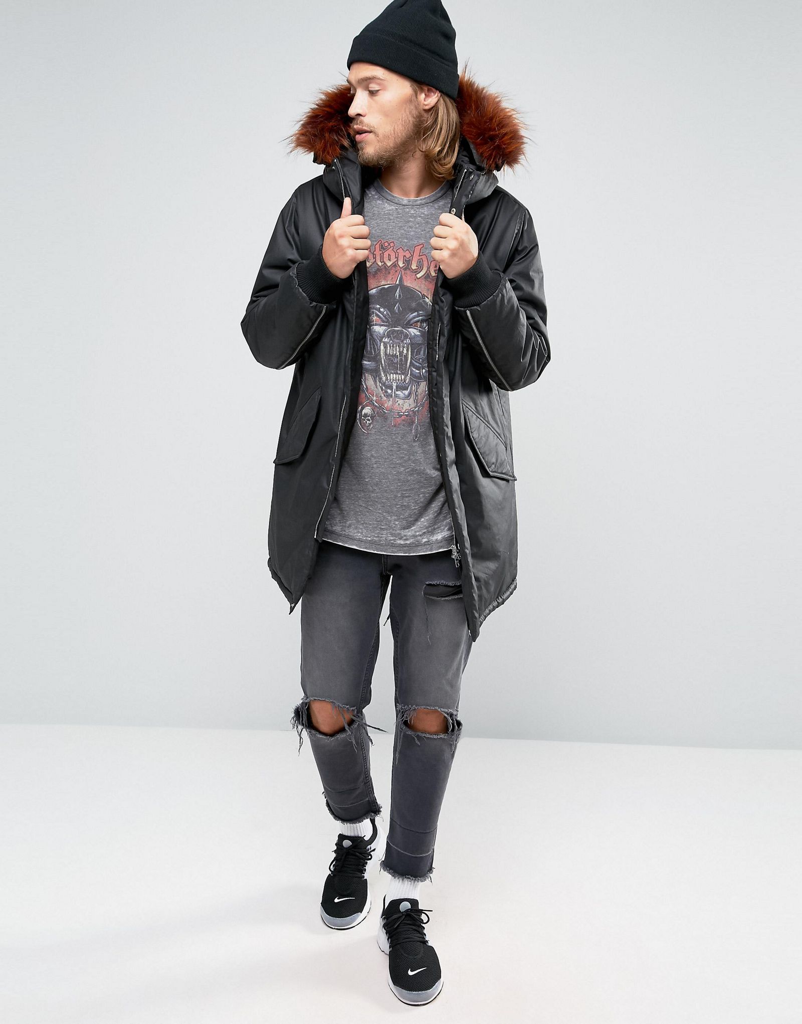 ASOS Coated Parka with Interchangeable Fur in Black