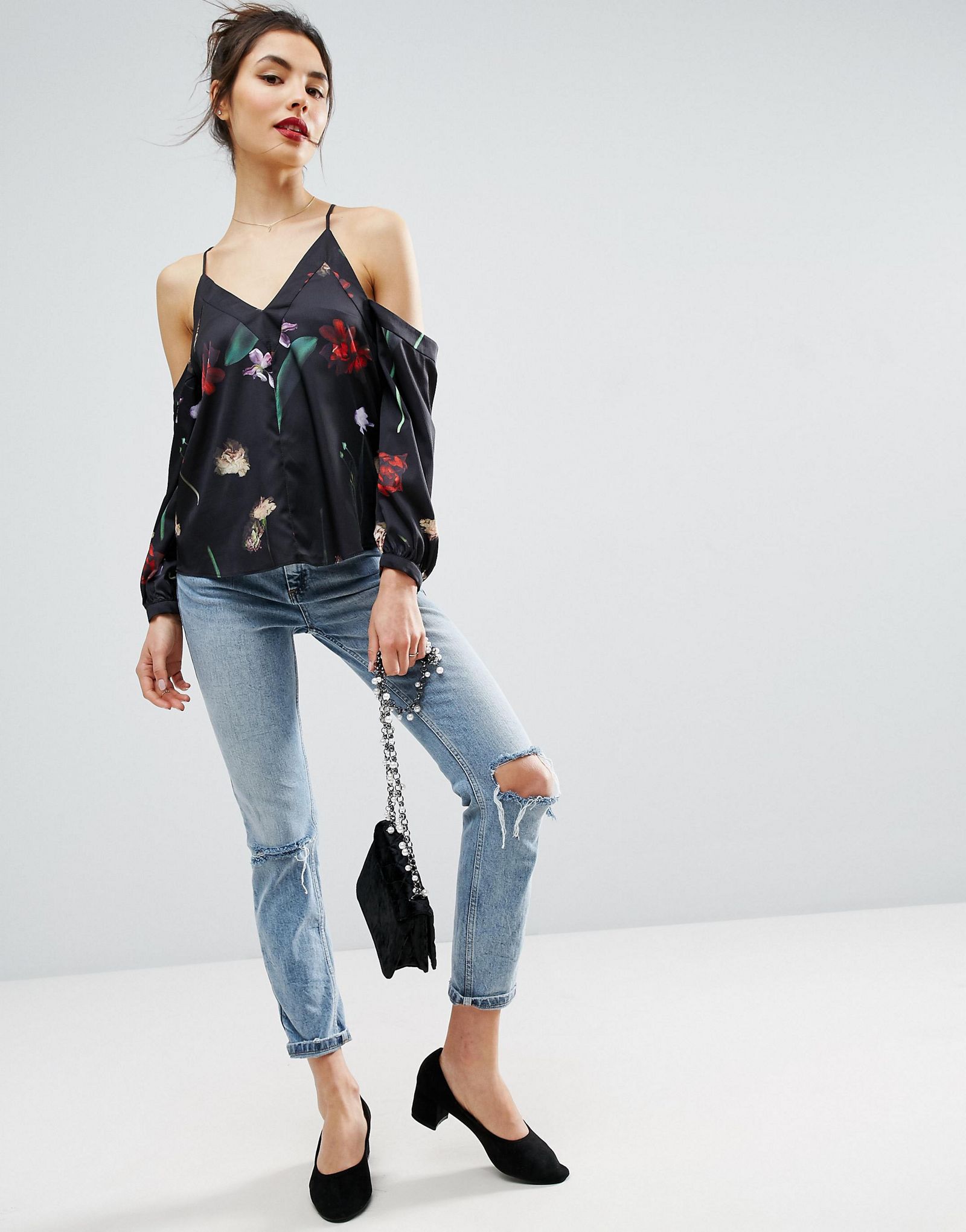 ASOS Cold Shoulder Satin Top In Photographic Floral