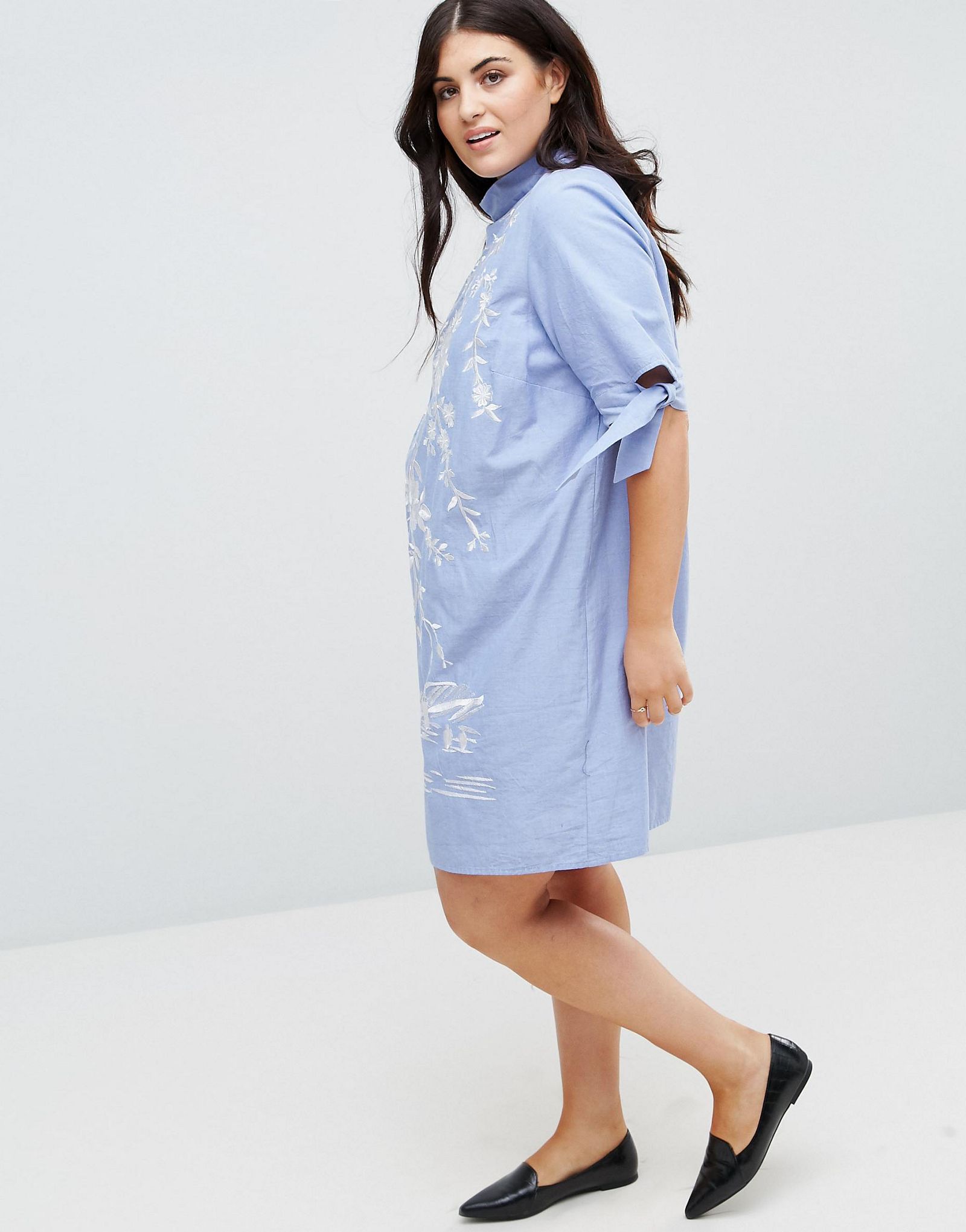 ASOS CURVE Chambray Shift Dress with Embroidery
