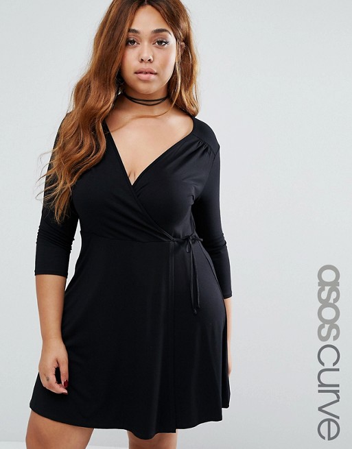 ASOS CURVE Mini Tea Skater Dress With Wrap Front And 3/4 Sleeve
 