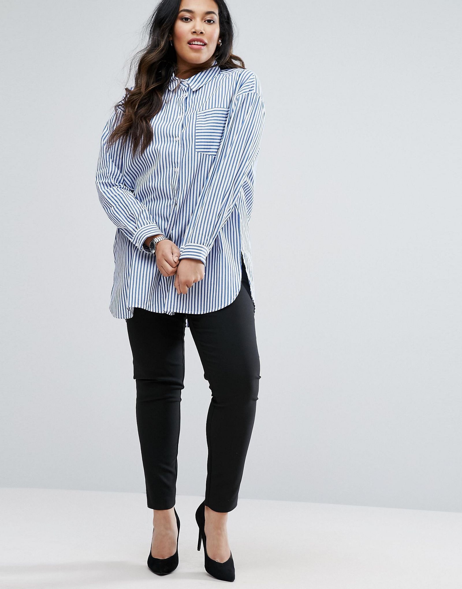 ASOS CURVE Oversized Smart Cotton Shirt in Stripe with Curved Hem
