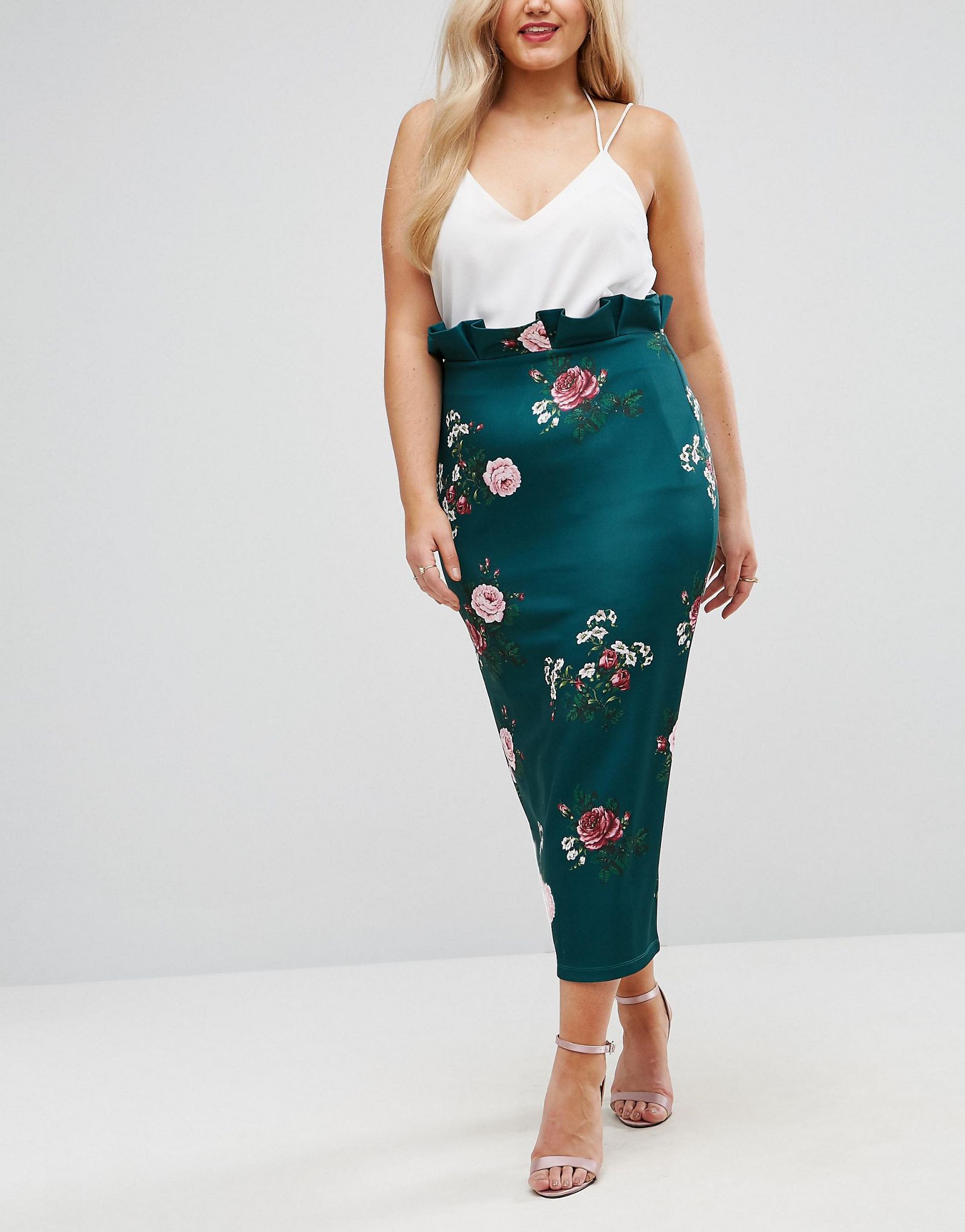 ASOS CURVE Paperbag Waist Pencil Skirt in Floral Print