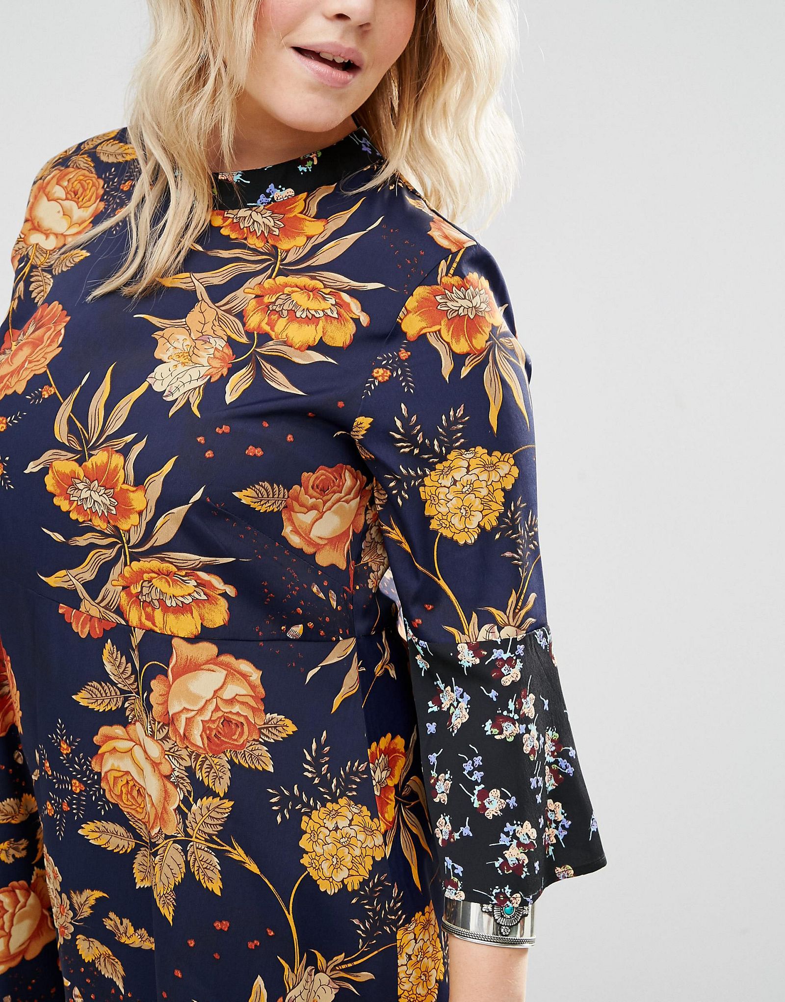 ASOS CURVE Swing Dress with 3/4 Fluted Sleeve in Mixed Floral Print