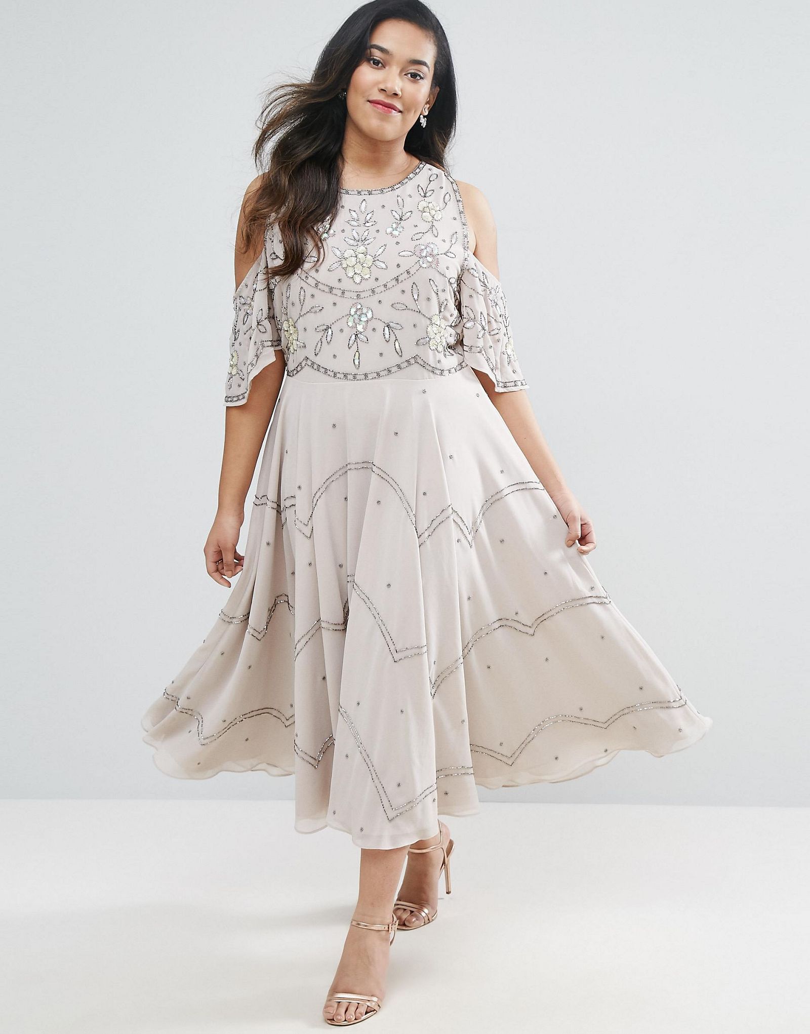 ASOS CURVE WEDDING Embellished Floral Cold Shoulder Midi Dress
