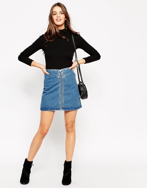 ASOS | ASOS Denim A-Line Skirt With Zip Front in Midwash Blue