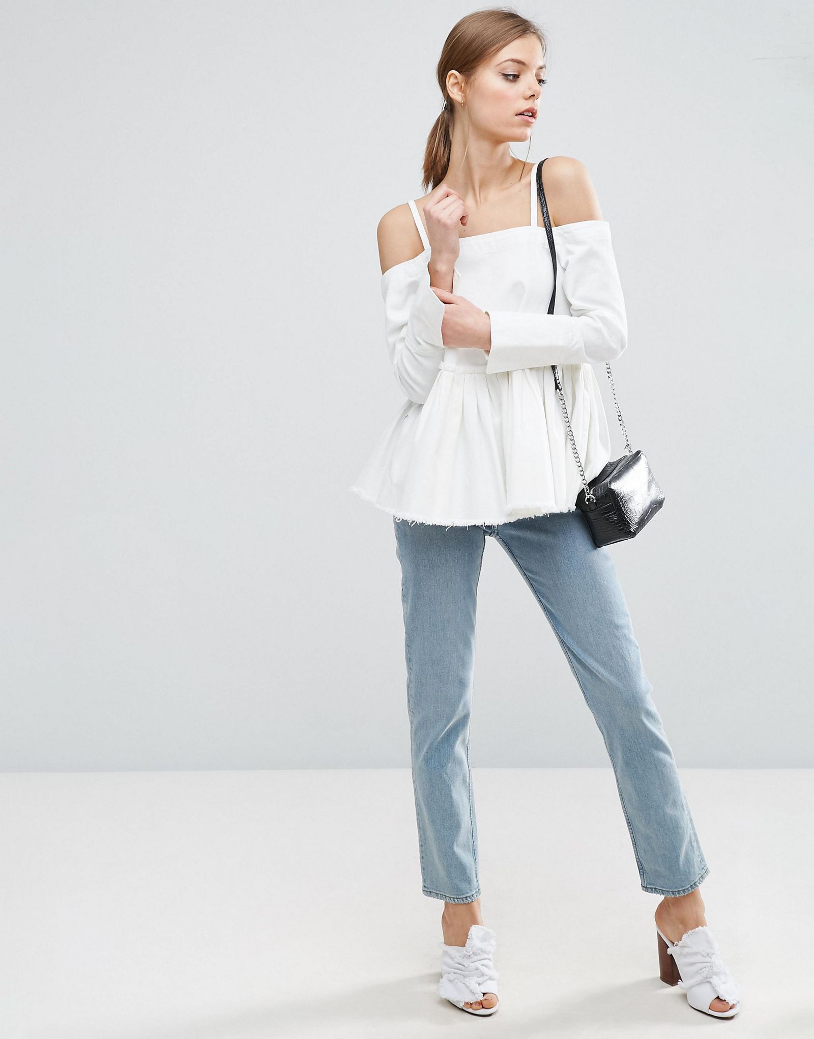 ASOS Denim Cold Shoulder Top With Pleated Peplum and Cuff Detail
