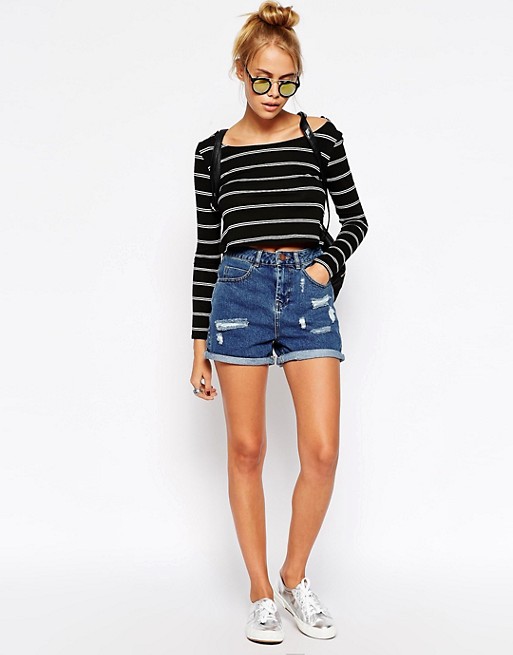 ASOS | ASOS Denim High Waist Mom Shorts in Mid Wash with Rips