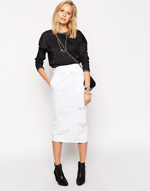 ASOS | ASOS Denim High Waisted Midi Skirt With Rips in White
