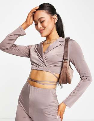 00s jersey wrap suit satin blazer in mocha - Click1Get2 Promotions