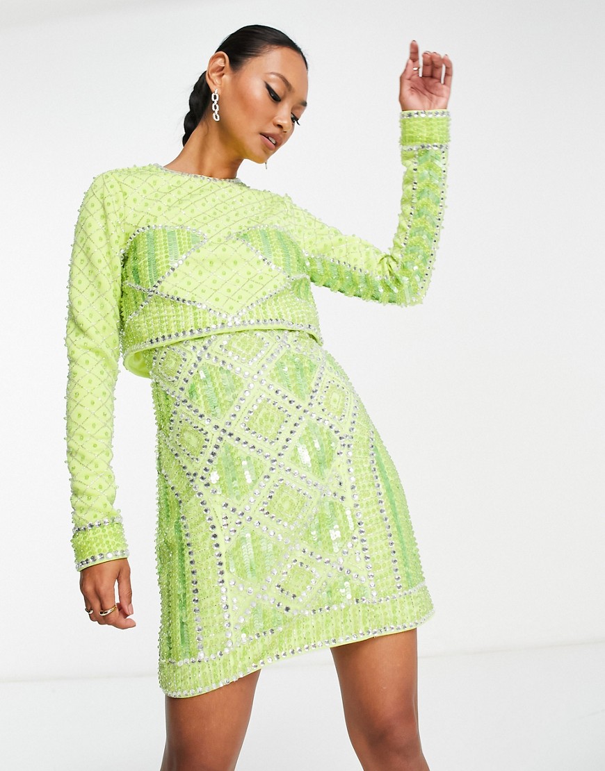 ASOS DESIGN 2 in 1 detachable embellished sequin mini dress in lime-Green