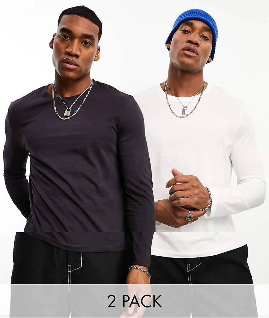 ASOS DESIGN 2 pack long sleeved crew neck t-shirts in washed black and off white-Multi