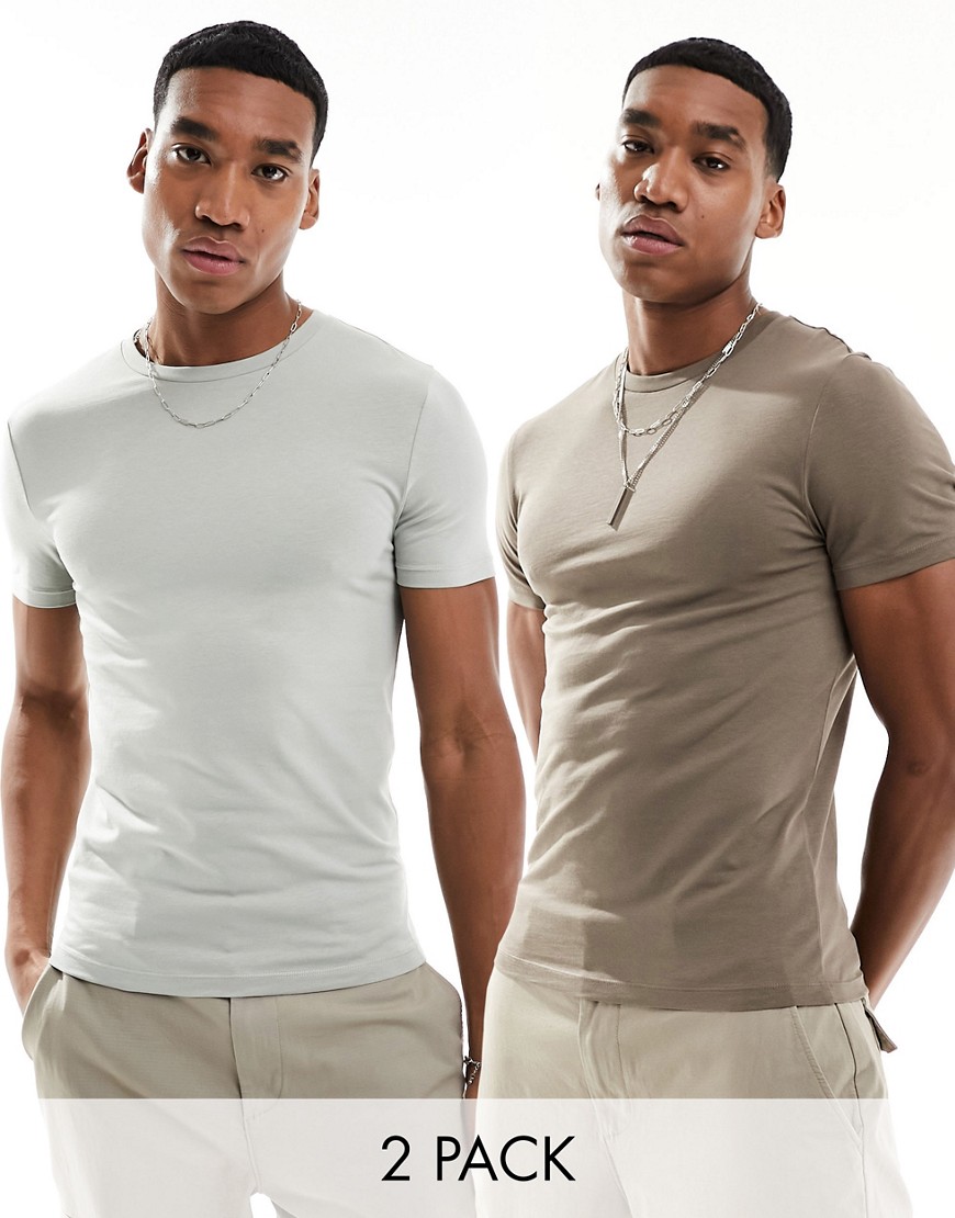 ASOS DESIGN 2 pack muscle fit t-shirts in grey and brown-Multi