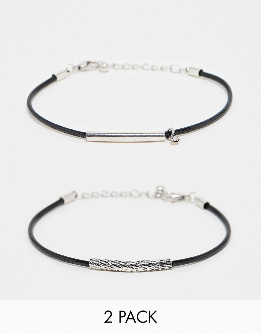 ASOS DESIGN 2 pack PU cord bracelet with silver embellishments