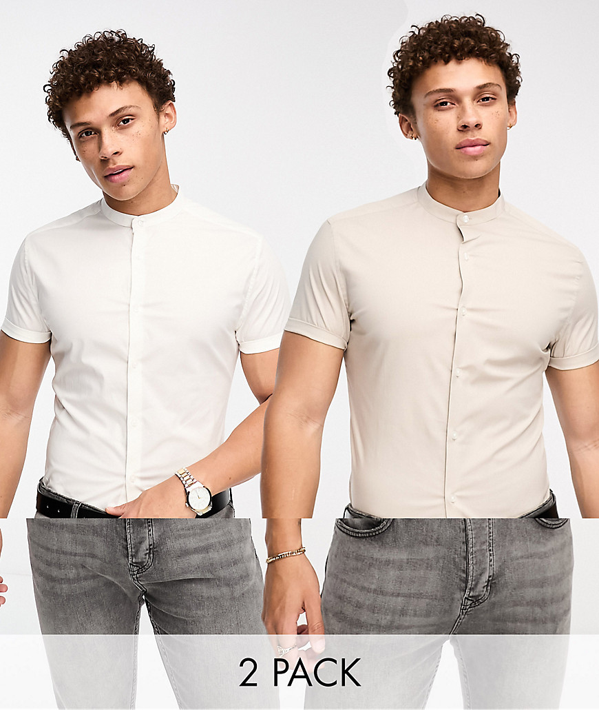 ASOS DESIGN 2 pack skinny shirt with grandad collar in white/taupe-Multi