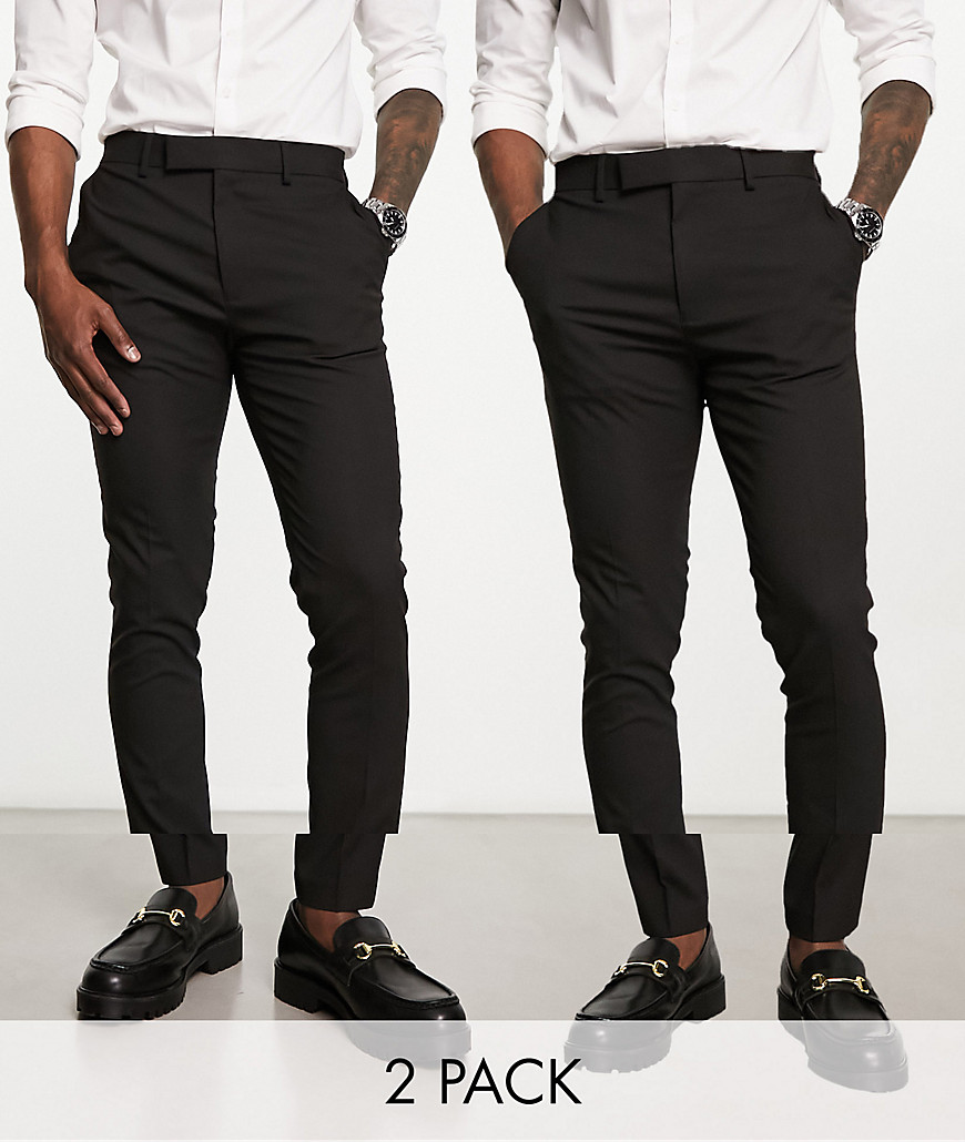 ASOS DESIGN 2 pack skinny smart trousers in black