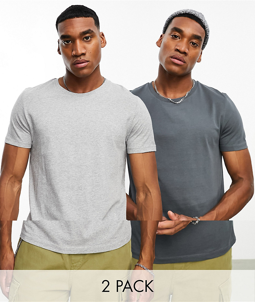 ASOS DESIGN 2 pack t-shirts crew neck t-shirt in charcoal and grey marl-Multi