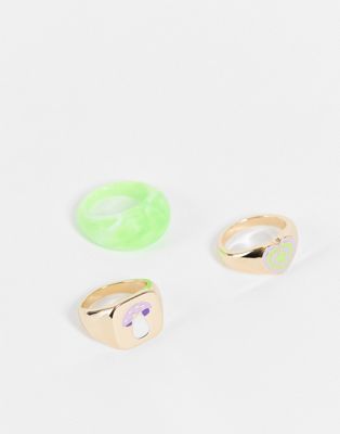 3 pack mixed signet ring set with enamel heart and mushroom - Click1Get2 Black Friday