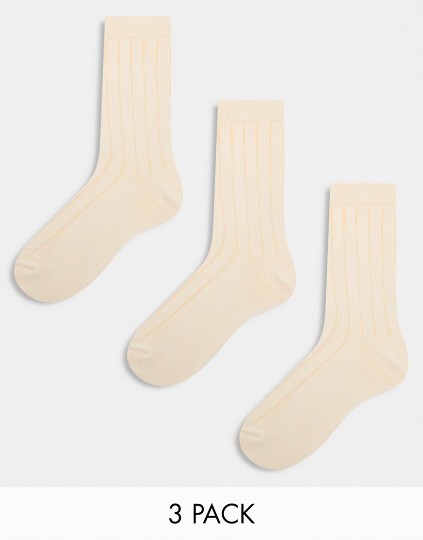 ASOS DESIGN 3 pack rib sock in ecru-Neutral