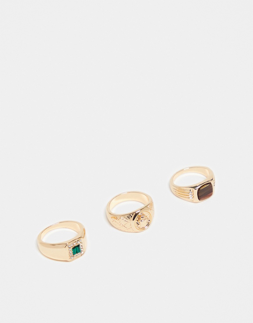 ASOS DESIGN 3 pack signet ring set with faux tigers eye stone in gold tone
